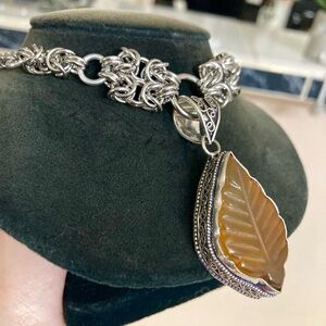 Carved orange copper agate gemstone leaf design charm boho maille necklace .